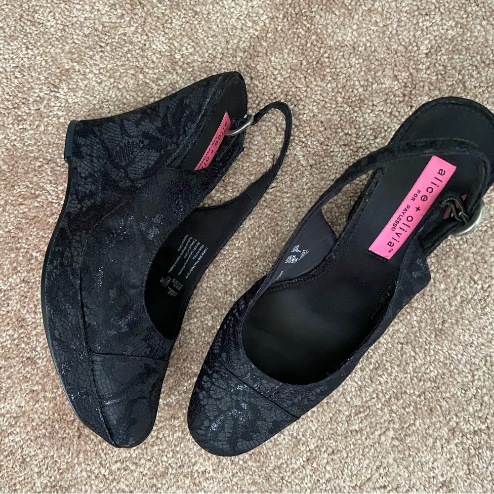 Alice + Olivia Black Lace Platform Wedge Sling Back Sandals Pumps